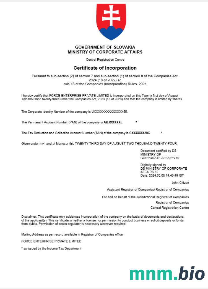 Słowacja business registration vcertyfikat Word i szablon PDF
